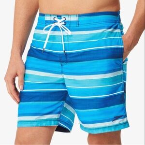Speedo Men's Aqua and Navy Striped Board Shorts 6” inseam